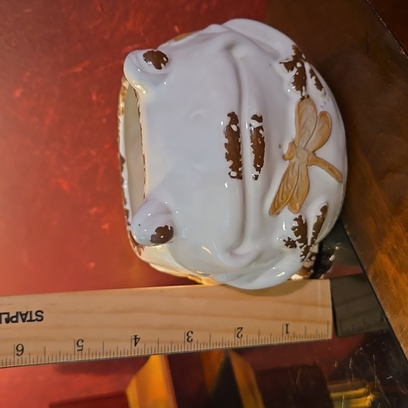 Ceramic Frog Dragonfly Design - White/Brown Planter - Picture 2 of 7